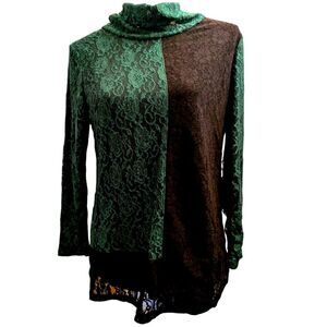 JC Italy Emerald Green Colorblock Lace Mockneck Turtleneck